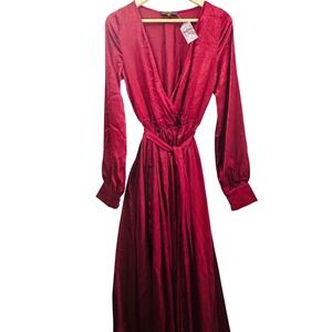 Petal Rose Burgundy Velvet Wrap Maxi Dress Long Sleeve Belted Elegant Size L